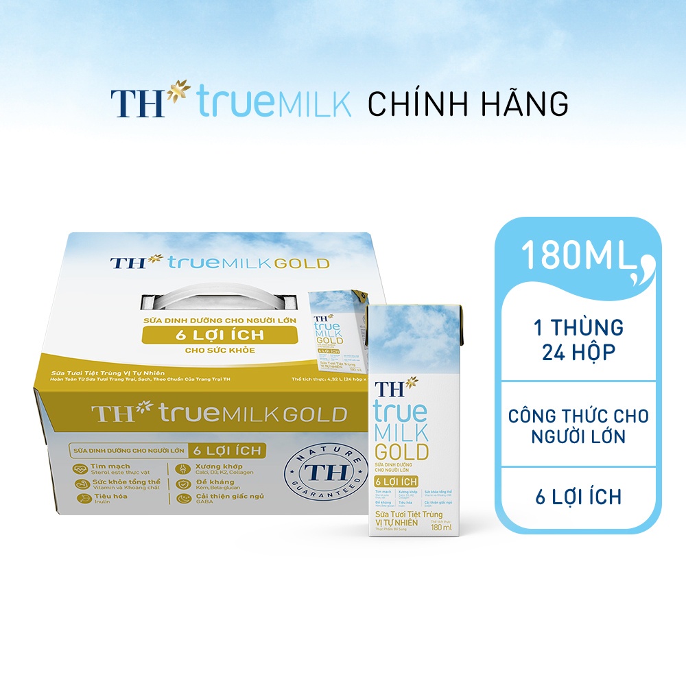 [GIẢM 20%] Thùng 24 hộp sữa tươi tiệt trùng vị tự nhiên TH true MILK GOLD dành cho người lớn tuổi 180ml