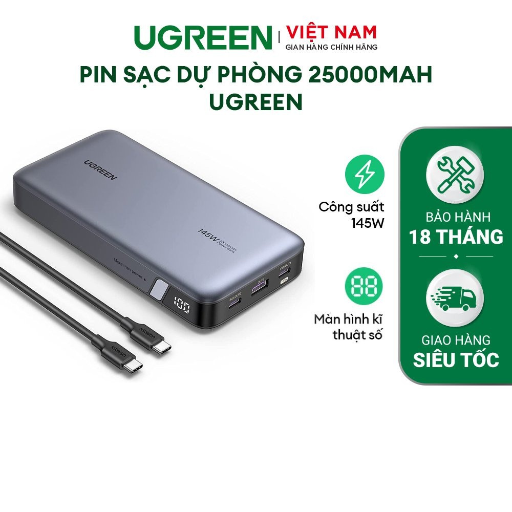Bộ pin sạc dự phòng 25000mAh/20000mAh 145W/100W UGREEN | Cổng sạc nhanh USB-C |3 cổng| Màn hình kỹ thuật số| BH 18 tháng