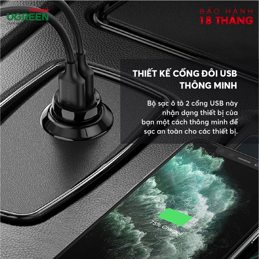 Cáp 2 cổng USB sạc xe hơi công suất cao UGREEN ED018 50875 – Hàng phân phối chính hãng - Bảo hành 18 tháng