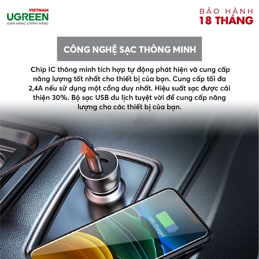 Cáp 2 cổng USB sạc xe hơi công suất cao UGREEN ED018 50875 – Hàng phân phối chính hãng - Bảo hành 18 tháng