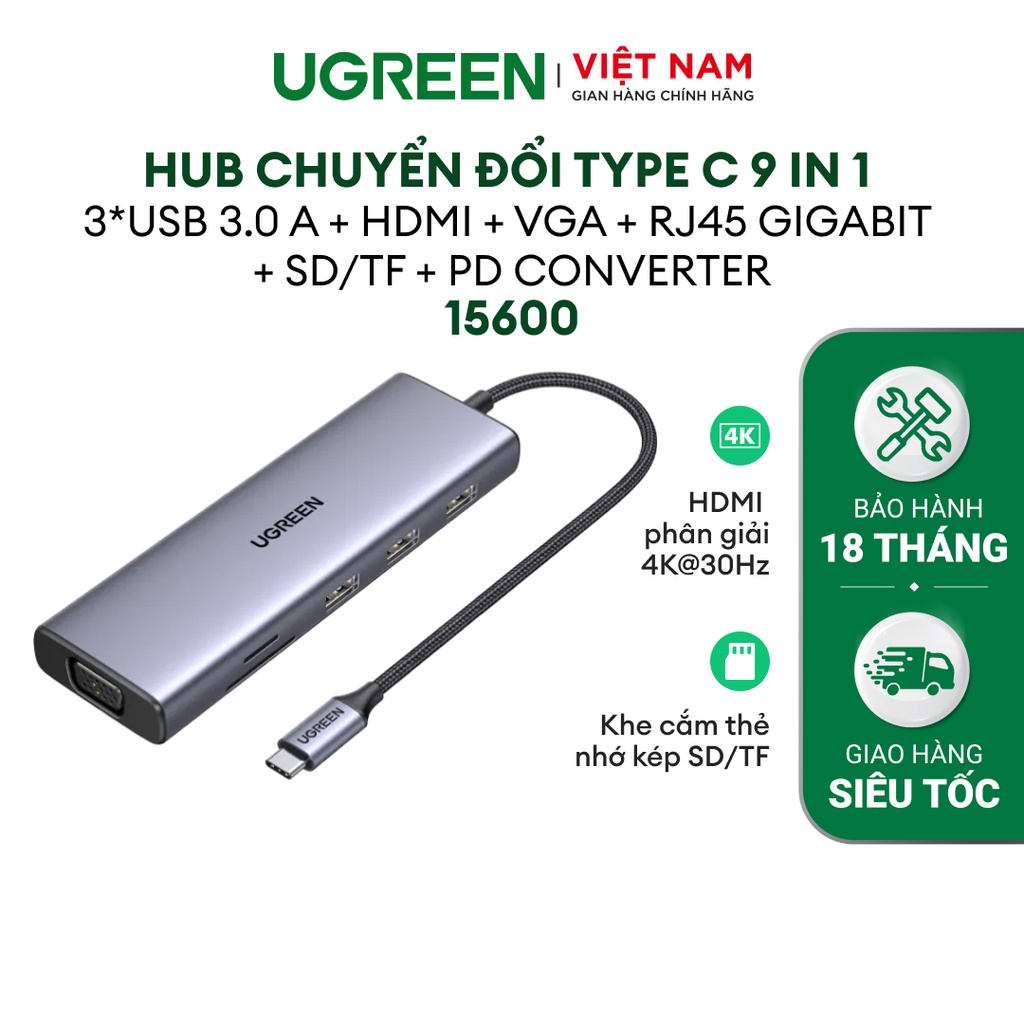 Hub chuyển đổi Type C UGREEN 9 in 1| HDMI 4K UHD| USB 3.0 | Bảo Hành 18 Tháng | 15600 90119
