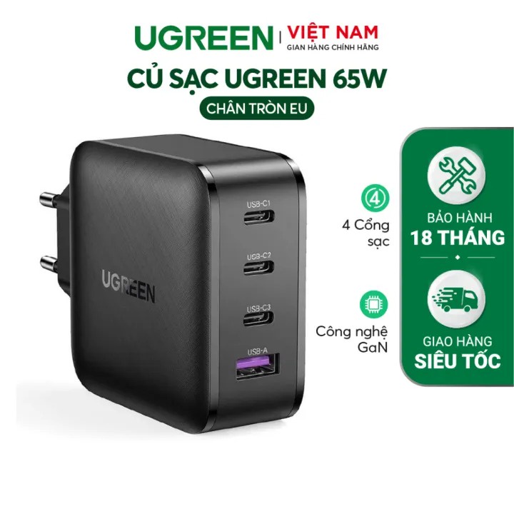 Củ sạc máy tính/ điện thoại, sạc nhanh Ugreen 65W CD224| 4 cổng PD| Tương thích rộng| BH 18 tháng 1 đổi 1 70774