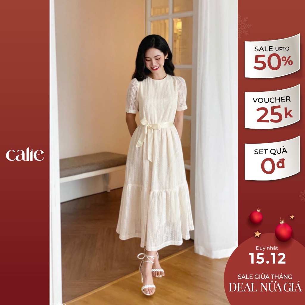 Váy dáng xòe midi ren phối đai buộc CALIE VX113
