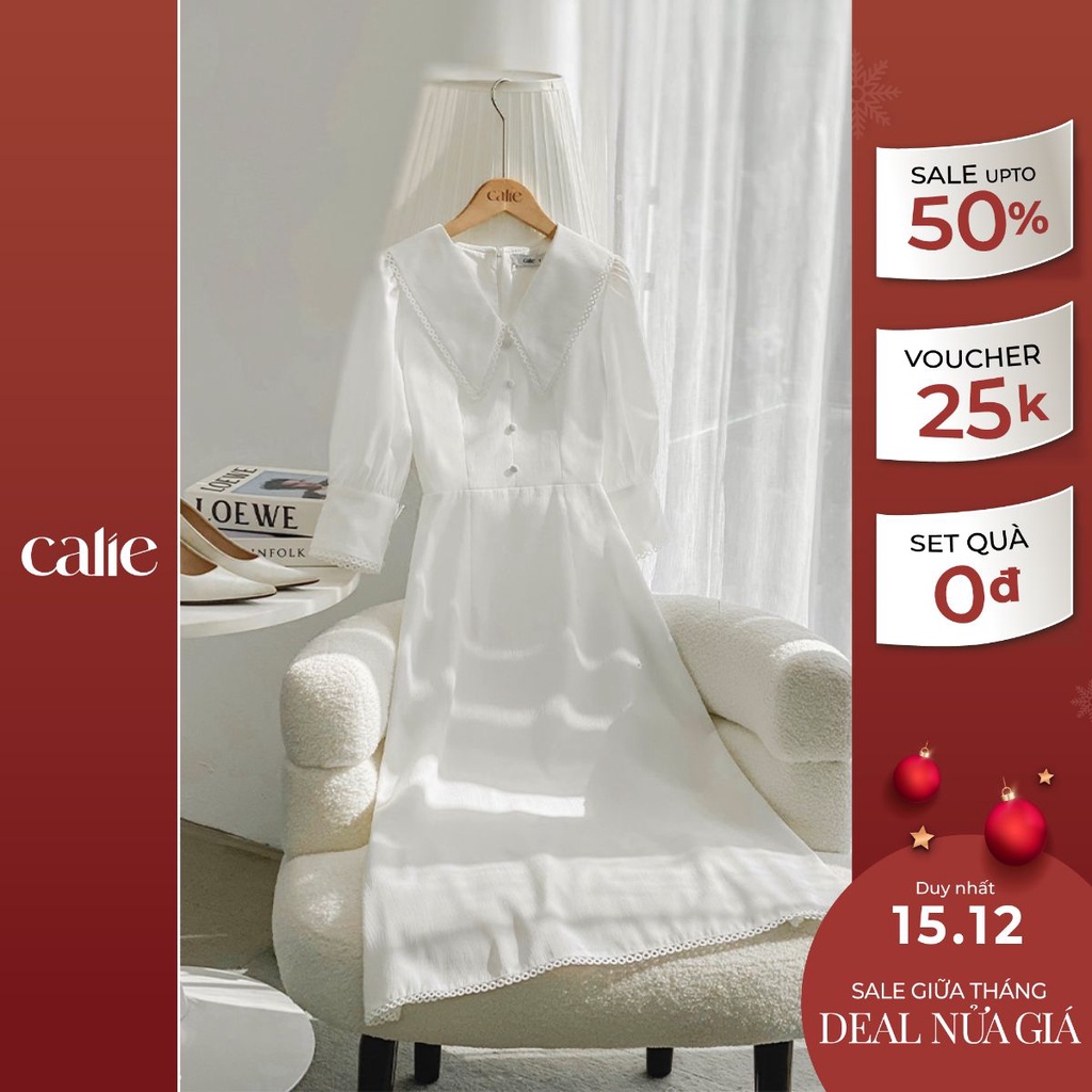 Váy nữ dáng A tay lửng phối ren đính cúc ngọc nữ tính CALIE VA328