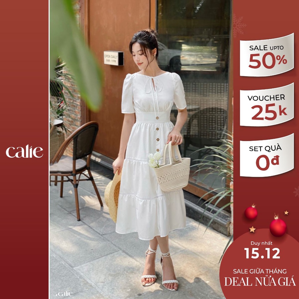 Váy midi dáng A cổ vuông buộc dây sau CALIE VM131