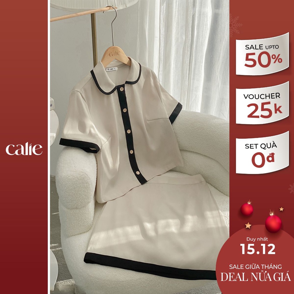 Set áo croptop nữ cổ sen phối chân váy chữ A CALIE AC273 CA079