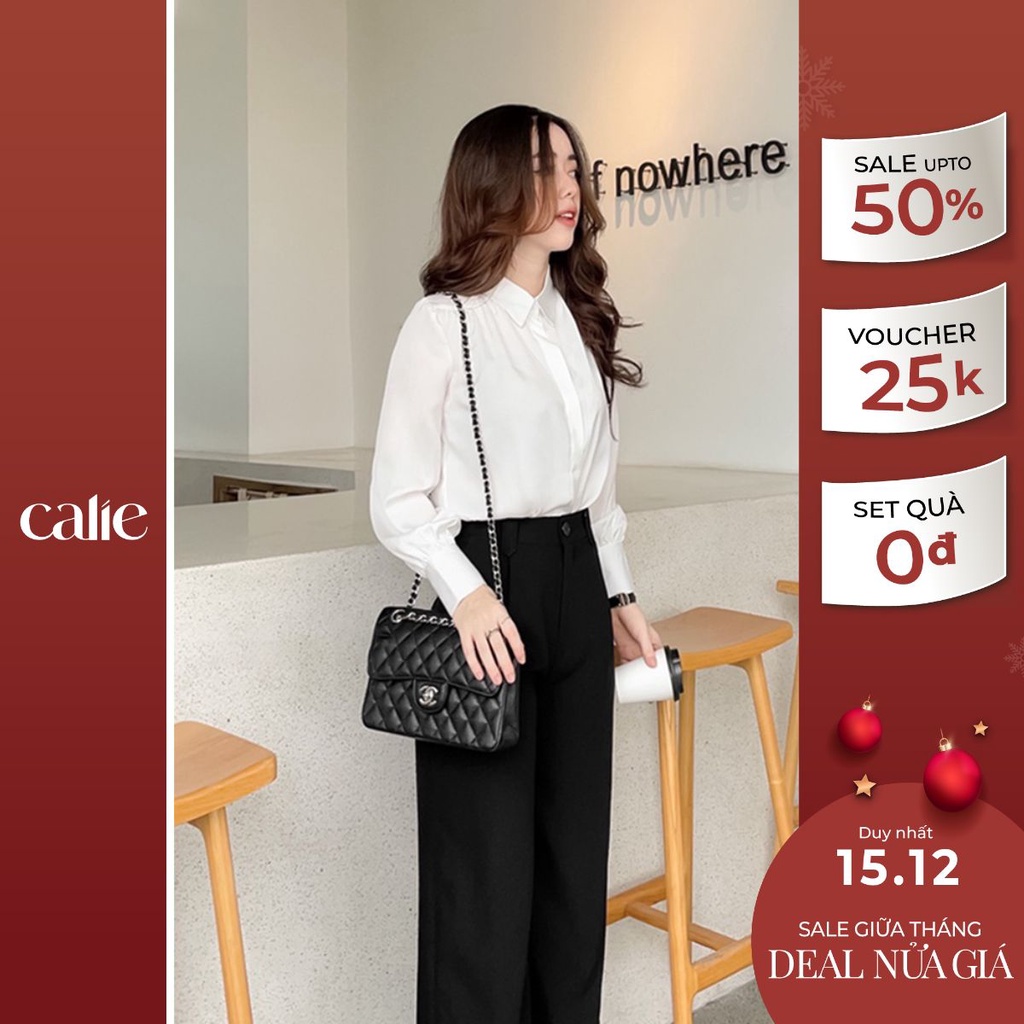 Áo sơ mi lụa nữ cổ đức dài tay nhún vai form rộng thanh lịch thời trang công sở Calie House A359