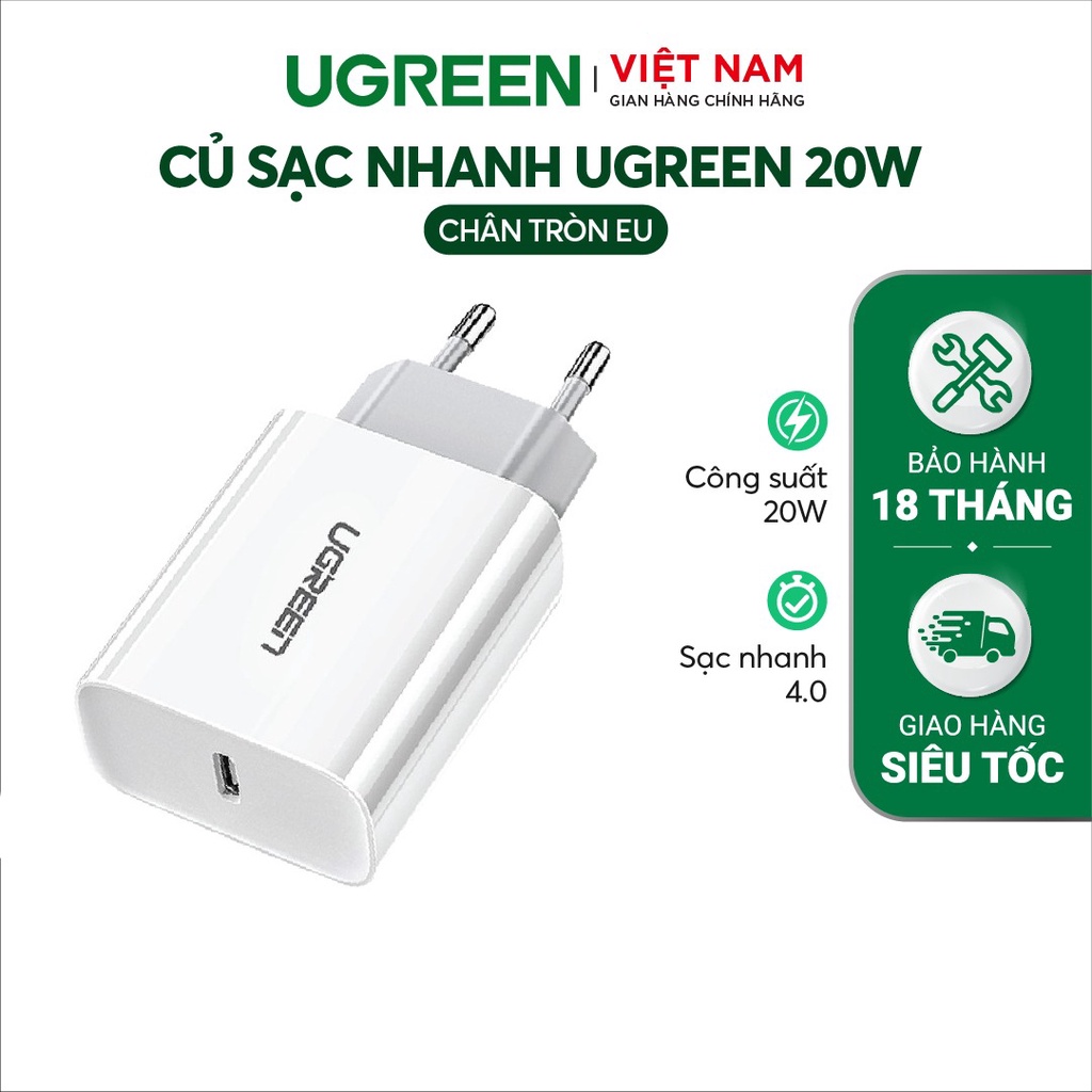 Củ sạc nhanh 18W Ugreen 60450 - Màu trắng - Hàng phân phối chính hãng