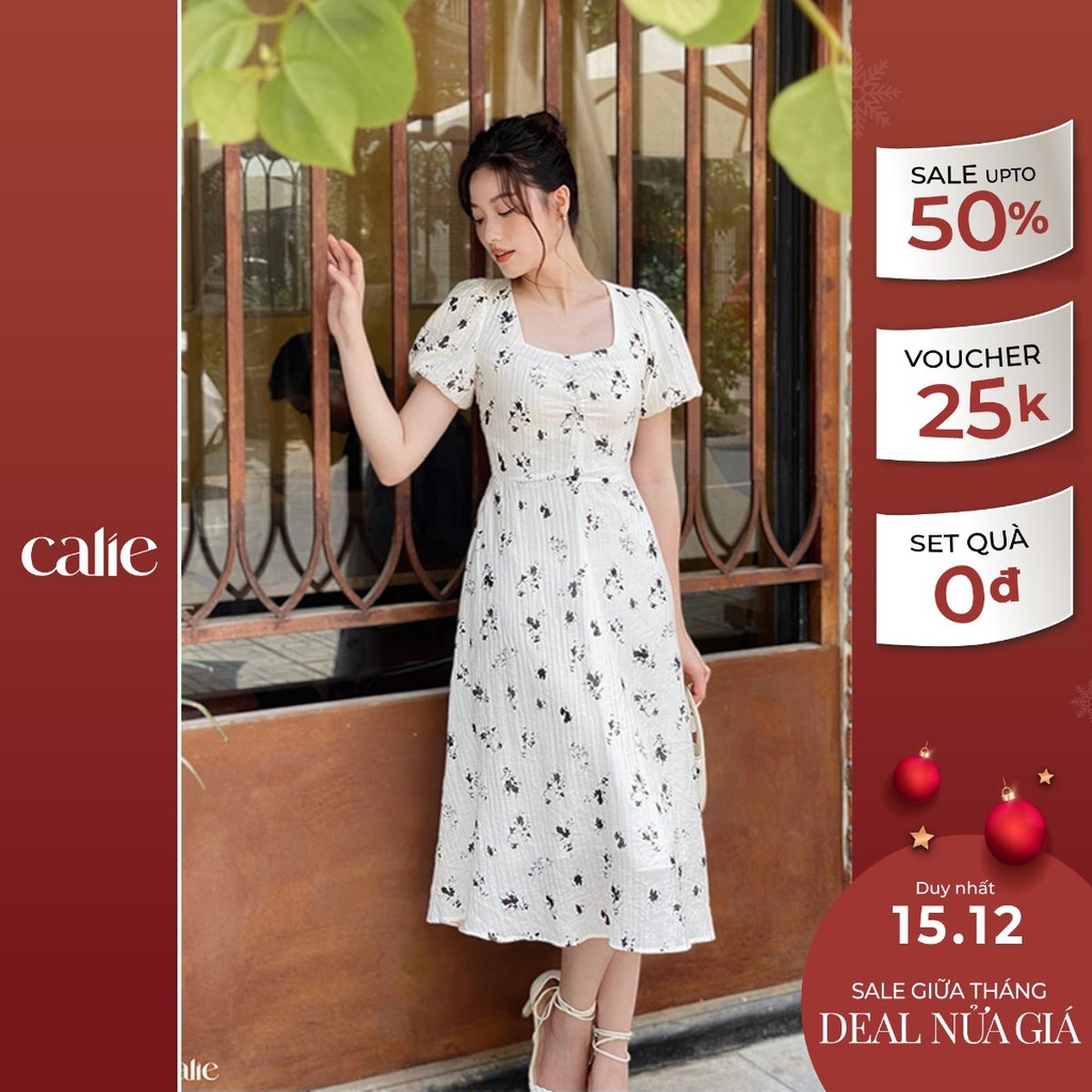 Váy midi dáng A nhẹ cổ vuông nhún ngực CALIE VM125