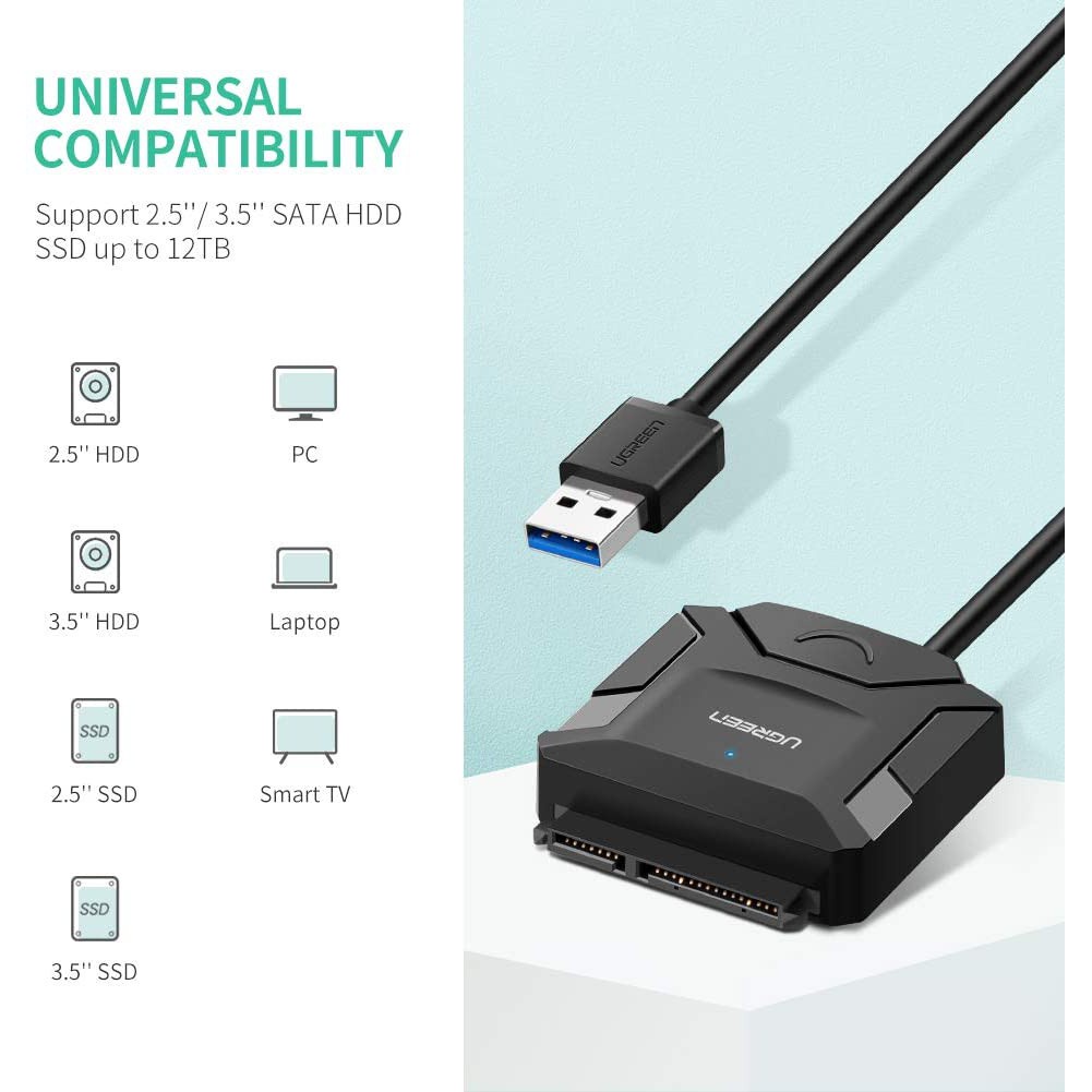 Dây chuyển đổi USB 3.0 sang SATA kèm dây nguồn 12V2A dài 25CM UGREEN CR108 20231 20611 20636