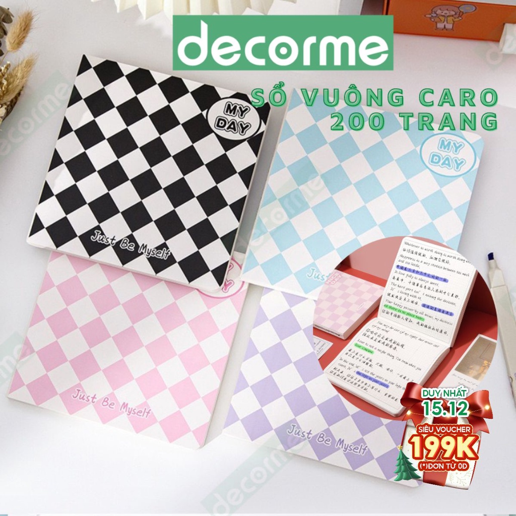 Sổ Tay Vuông Decorme Sổ Tay Bullet Journal Ruột Caro Bìa Cứng họa tiết ô trám
