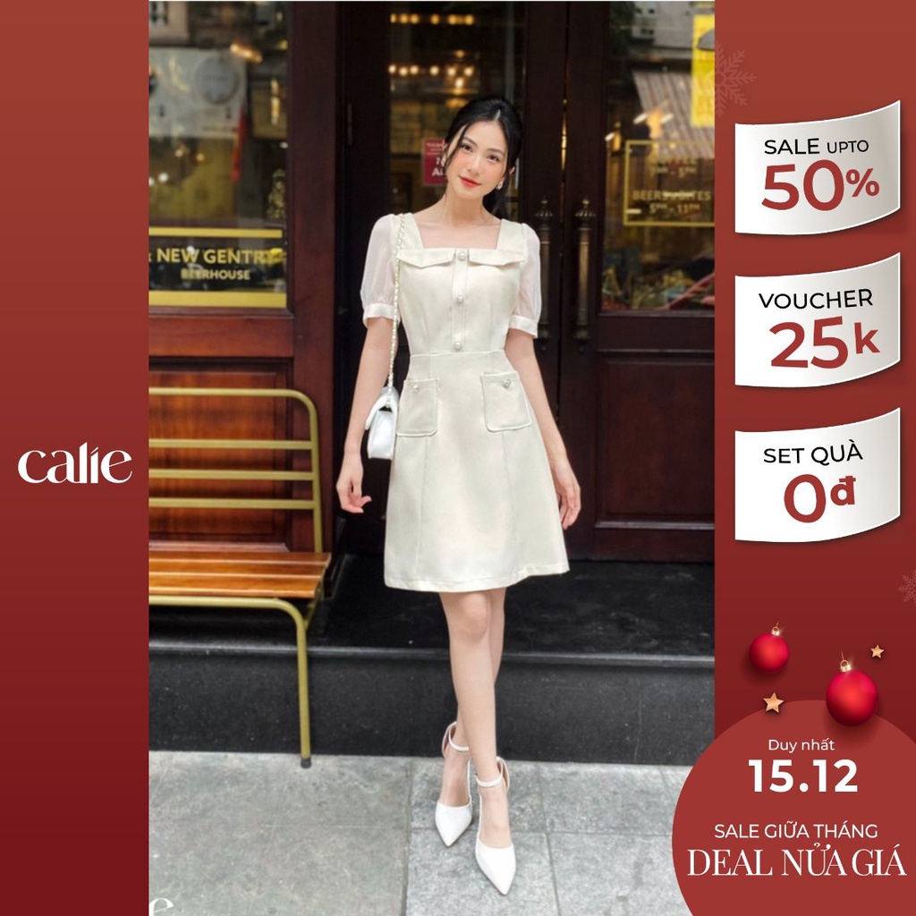Váy dáng A cổ vuông đáp túi ngực phối tay voan nữ tính VA241