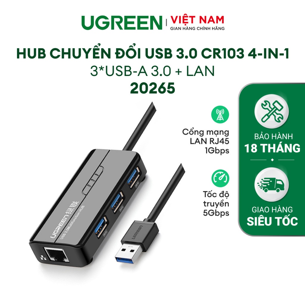 HUB USB 3 cổng 3.0 kèm cổng mạng LAN 10/100 Mbps Ethernet UGREEN CR103 - Hàng phân phối chính hãng - Bảo hành 18 tháng