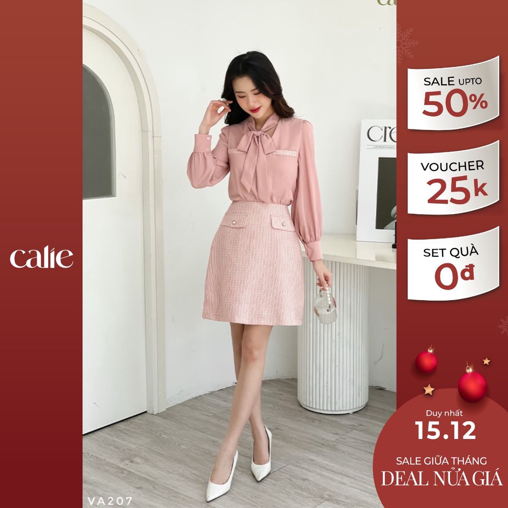 Váy dáng A phối tweed giả áo sơ mi cổ nơ thanh lịch Calie VA207