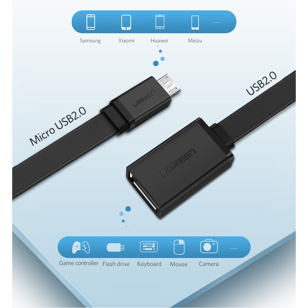 Dây Micro USB 2.0 OTG UGREEN US133 | Vỏ PVC cao cấp | Tốc độ truyền tải dữ liệu 480Mbps | Bảo hành 18 tháng