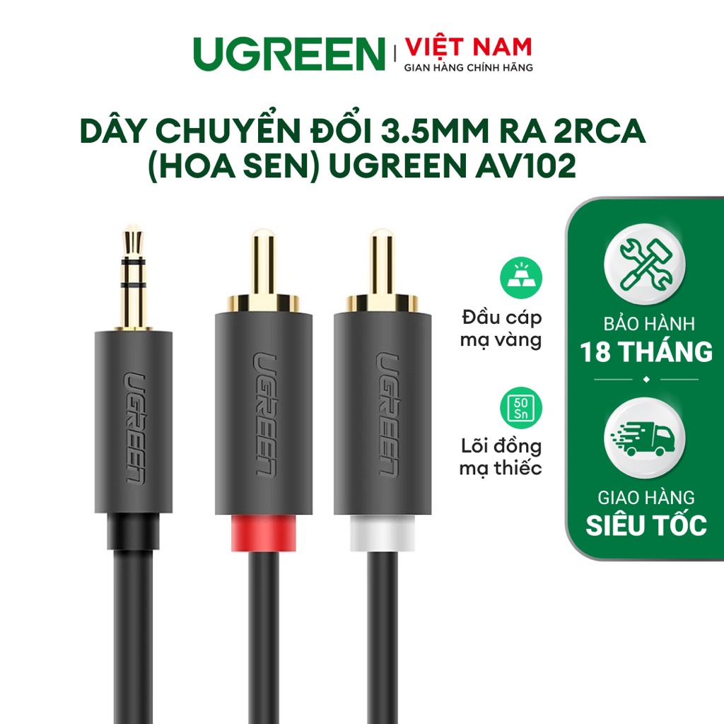 Dây chuyển đổi 3.5mm ra 2RCA (HOA SEN) UGREEN AV102 | Dài từ 1-10m | Đầu nối mạ vàng 24k| Bảo Hành 18 Tháng 1 Đổi 1