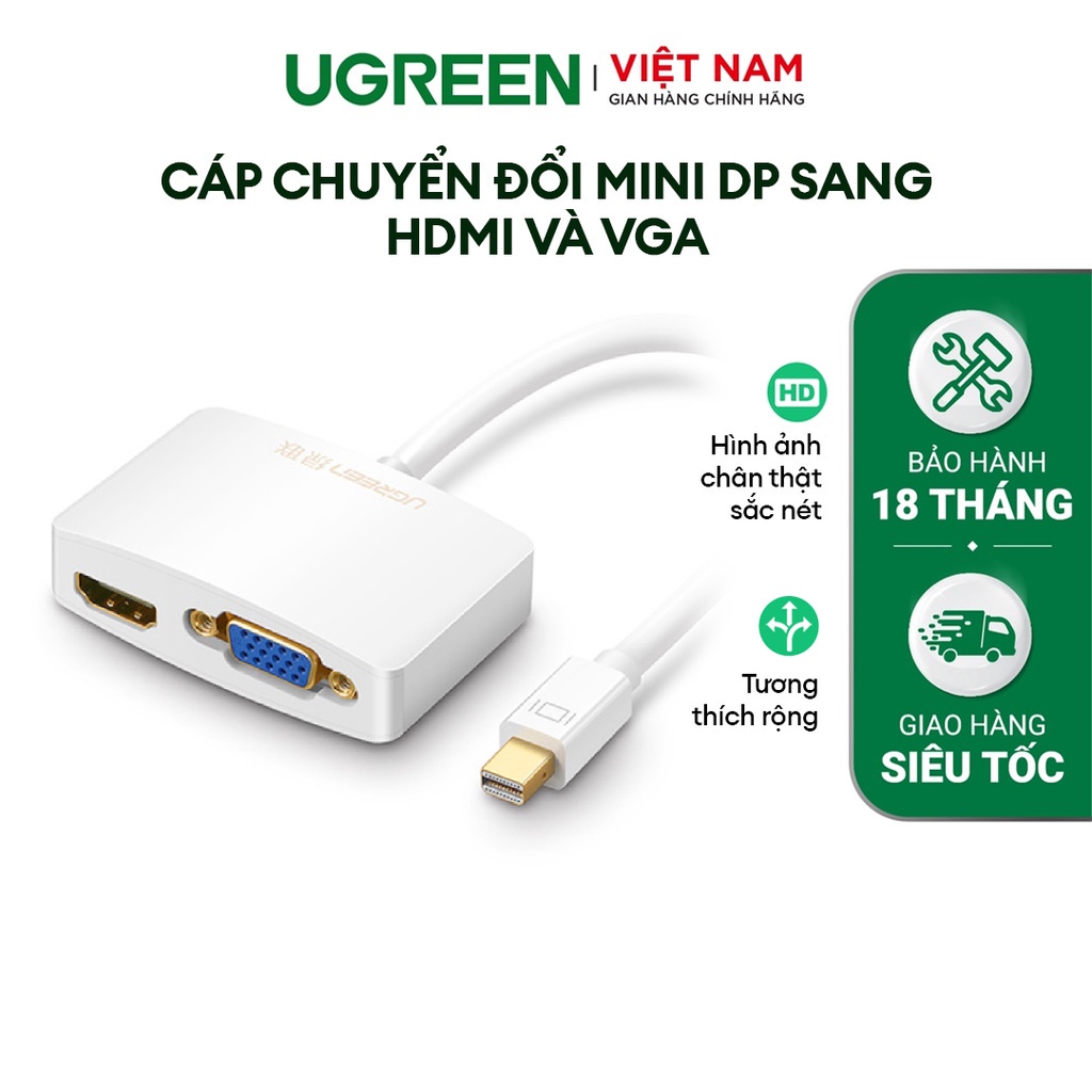 Cáp chuyển mini DP sang HDMI và VGA UGREEN MD108 | Dài 15Cm | Độ phân giải lên tới 1920x1080P | Bảo hành 18 tháng