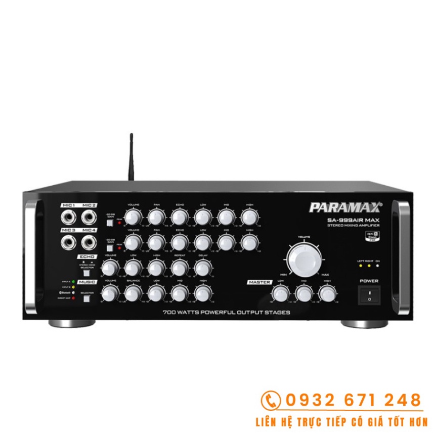 Amply Karaoke Paramax 999 Air Max cao cấp 500W + Tặng 10 Mét dây loa cao cấp + 1 Micro dây  - Bh 24 tháng - Vinakara Aud