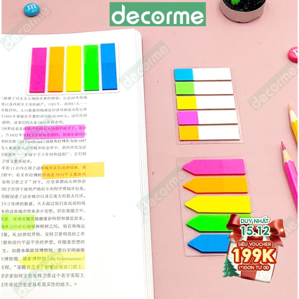 Giấy note đánh dấu trang trong suốt - Bookmark nhiều màu Decorme