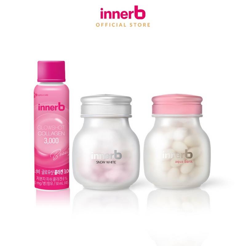 Combo 3 thực phẩm bảo vệ sức khỏe InnerB Aqua Bank + InnerB Snow White & Hộp 6 chai nước uống Collagen InnerB Glowshot