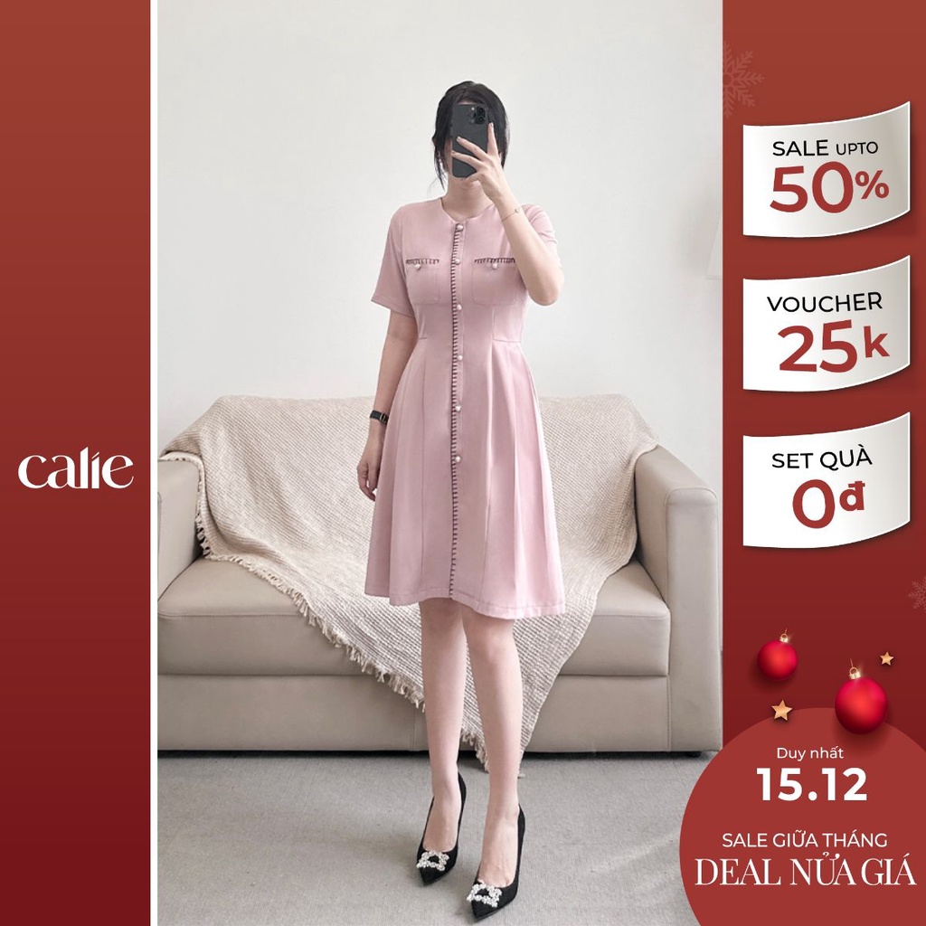 Váy nữ dáng A xếp li thêu viền trang trí CALIE VA313