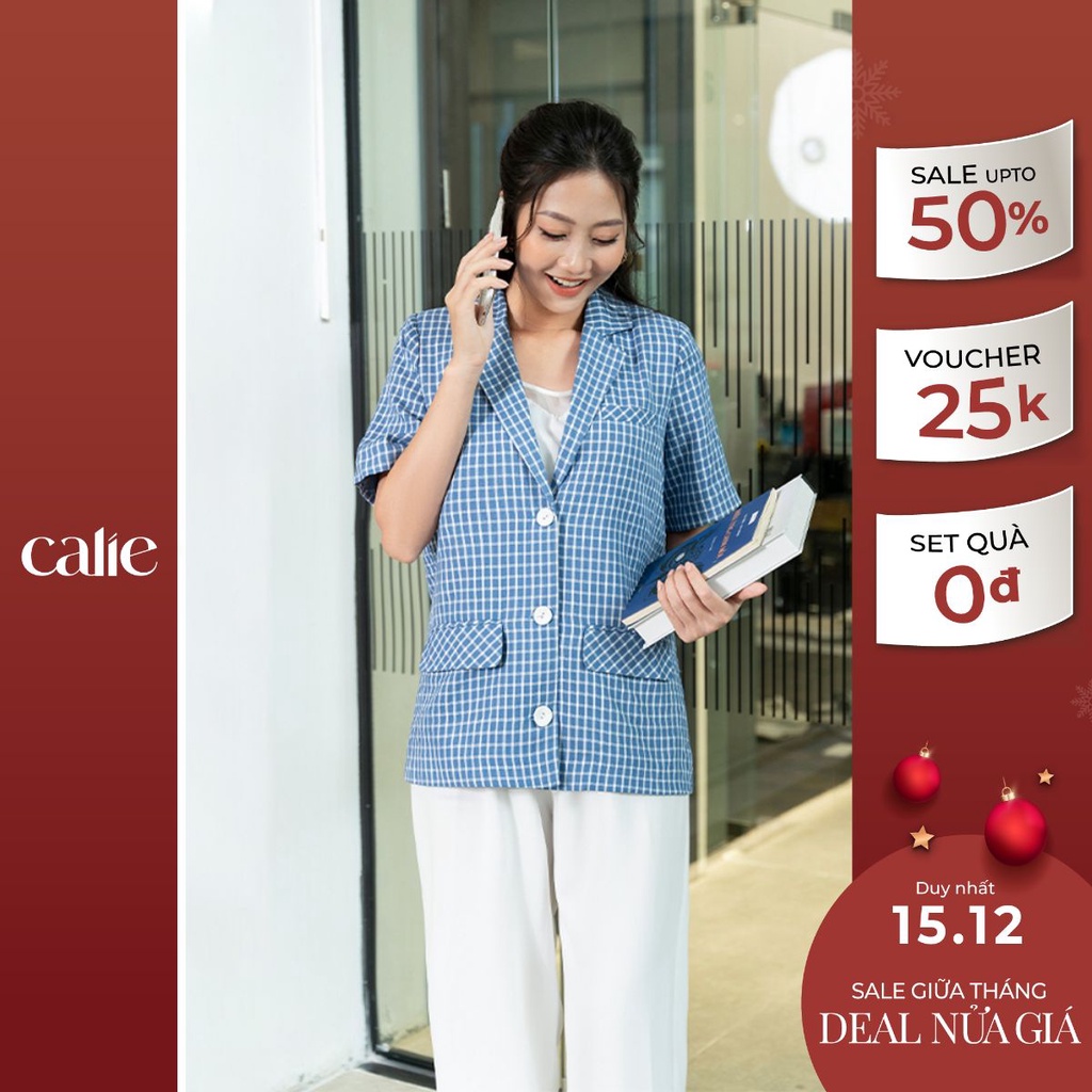 Áo blazer kẻ tay cộc basic cổ V dáng dứng Calie AB018