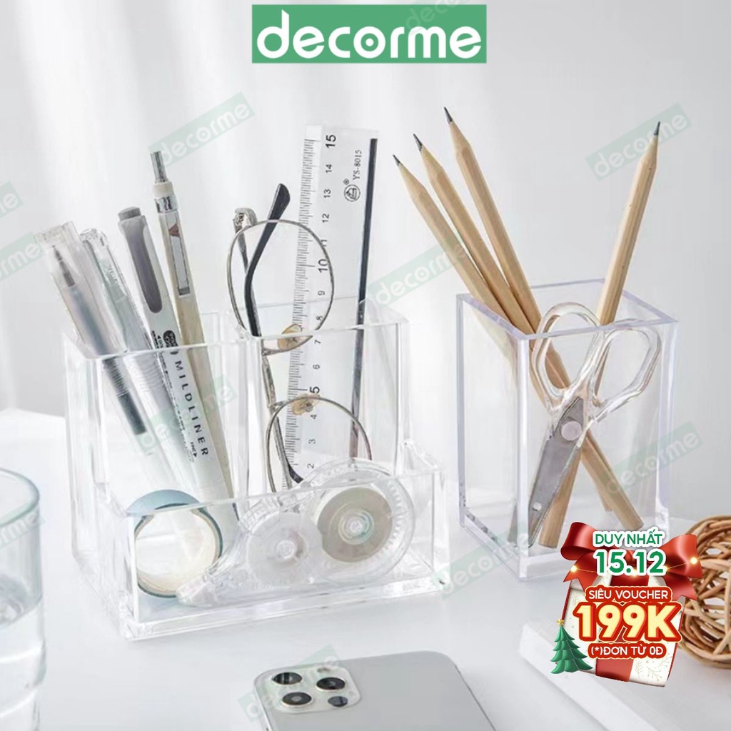 Khay đựng bút trong suốt 3 ngăn Decorme Kệ Ống đựng bút Mica trong suốt phụ kiện văn phòng phẩm