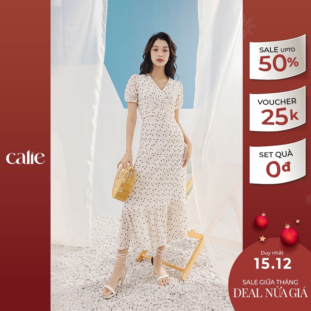 Set áo croptop cổ V tay ngắn phối chân váy midi đuôi cá CALIE AC235 CM023
