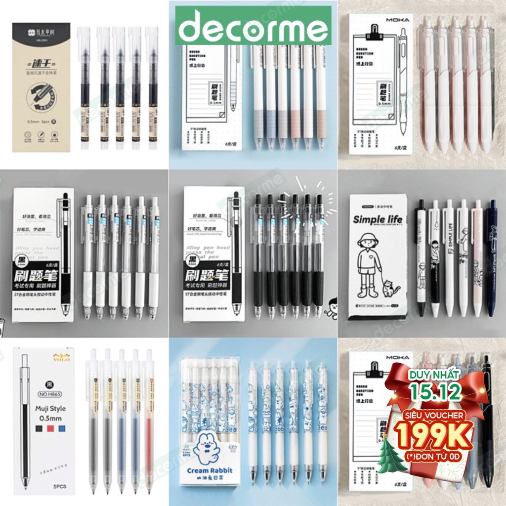 Bộ 6 Bút gel Decorme bút Muji bút gel bấm mực đen xanh đỏ viết đều cực thích mực Muji văn phòng phẩm 0.5mm