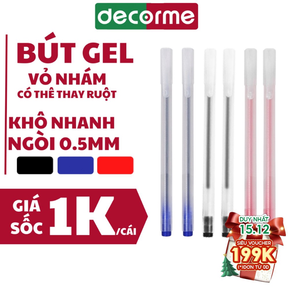 Bút gel khô nhanh 3 màu đen xanh đỏ Decrome bút nước Muji bản dupe thay được ngòi 13cm (lẻ 1 chiếc)