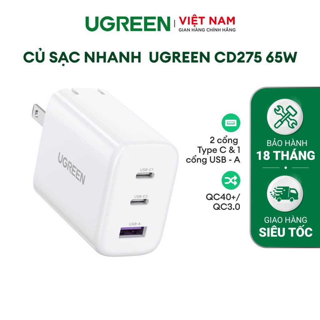 Củ sạc nhanh UGREEN CD275 65W| 2 cổng Type C & 1 cổng USB - A| QC40+/QC3.0| Bảo hành 18 tháng 1 đổi 1| 90495