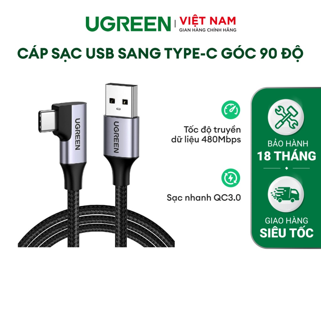 Cáp USB-C sang USB-A góc 90 độ dài 1 mét Ugreen US385 20299 - Hàng phân phối chính hãng - Bảo hành 18 tháng 1 đổi 1