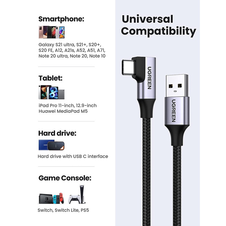 Cáp USB-C sang USB-A góc 90 độ dài 1 mét Ugreen US385 20299 - Hàng phân phối chính hãng - Bảo hành 18 tháng 1 đổi 1