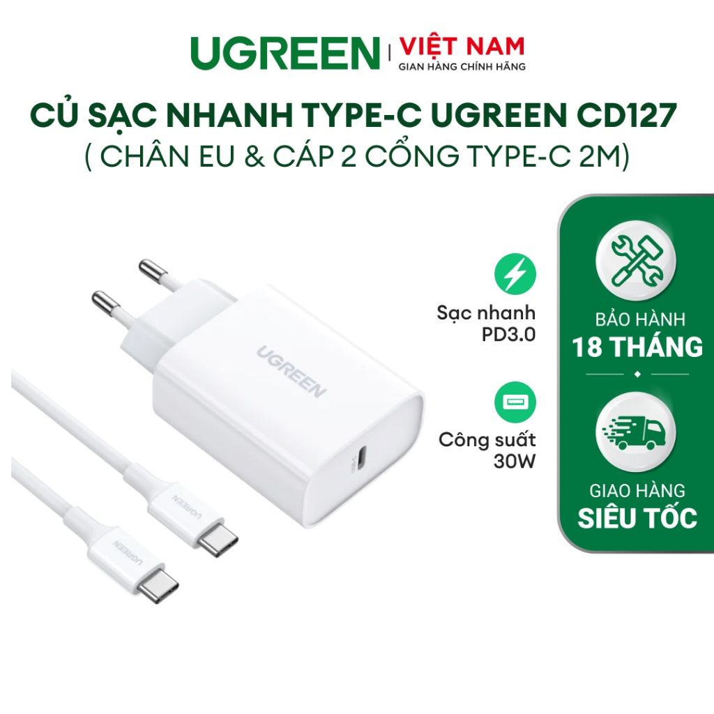 Củ sạc nhanh PD3.0 30W cổng Type C UGREEN CD127 | Sạc nhanh an toàn | Vật liệu chất lượng cao | Bảo Hành 18 Tháng 1 Đổi1