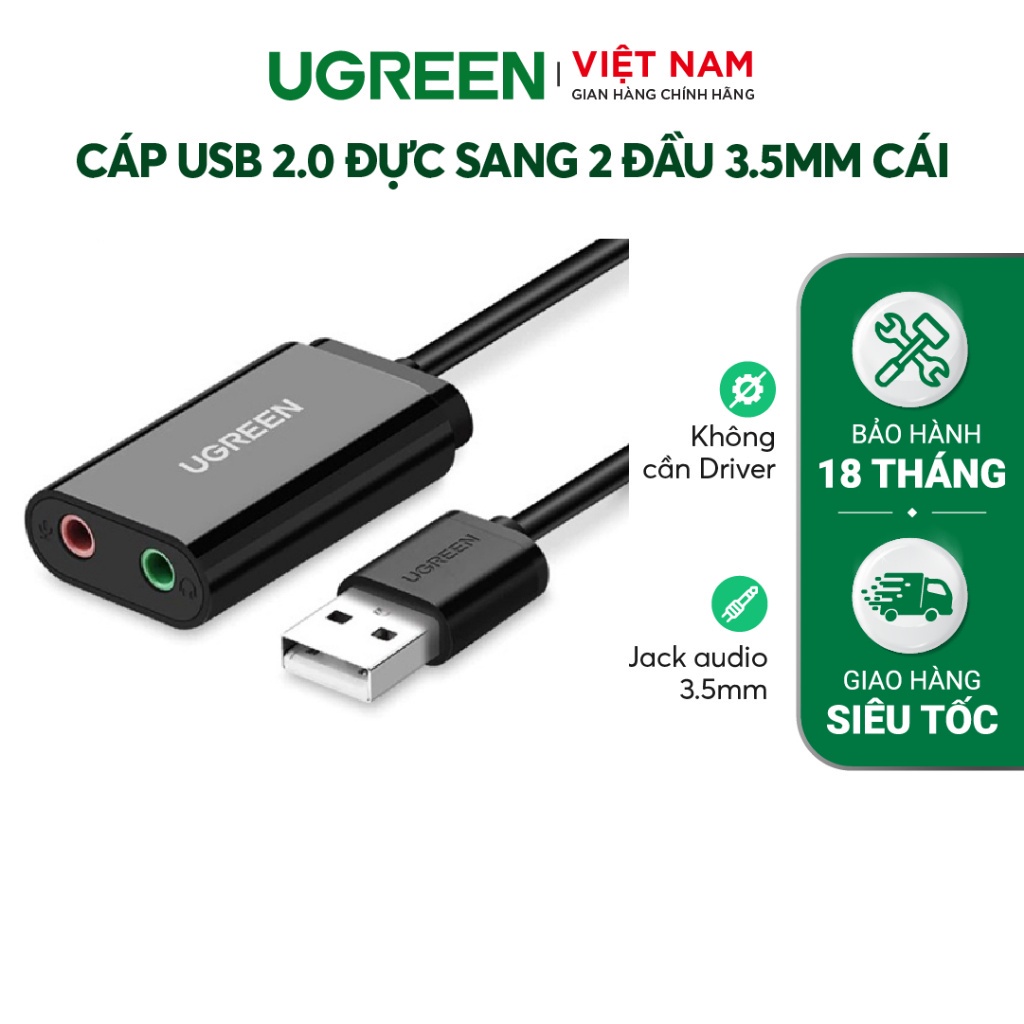 Dây USB 2.0 mở rộng sang đồng thời 2 cổng 3.5mm cho tai nghe + mic UGREEN US205
