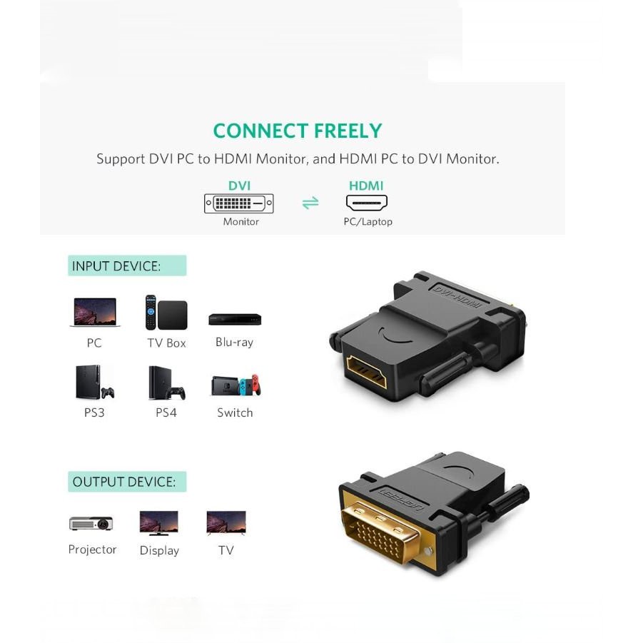 Đầu chuyển đổi UGREEN 20124 HDMI cái sang DVI 24+1 đực (màu đen)