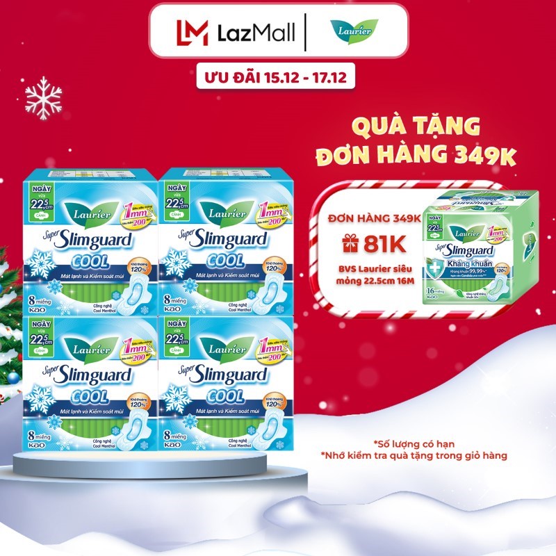Combo 4 gói BVS Laurier Siêu Mỏng 1mm Mát lạnh 22.5cm 8 miếng