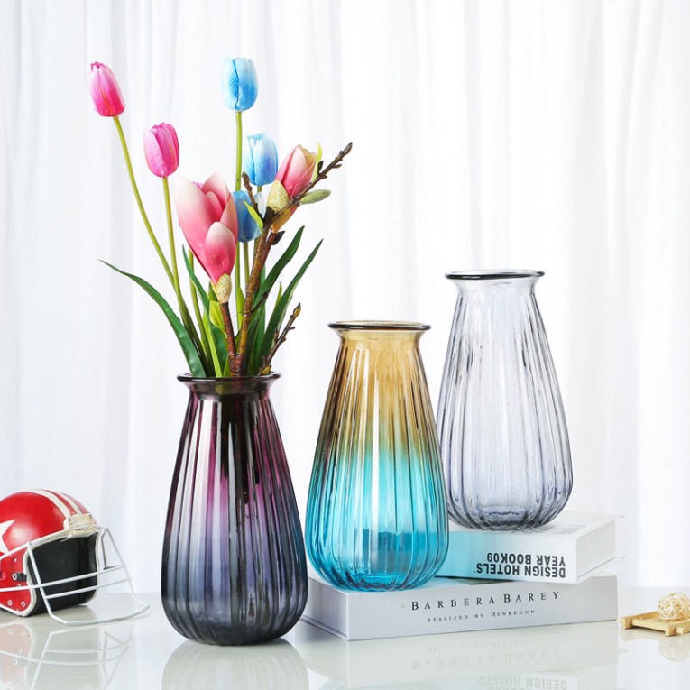 Lọ hoa thủy tinh nhiều màu sắc phong cách dùng cắm hoa tươi, hoa lụa, hoa khô trang trí decor phòng, cao 20cm