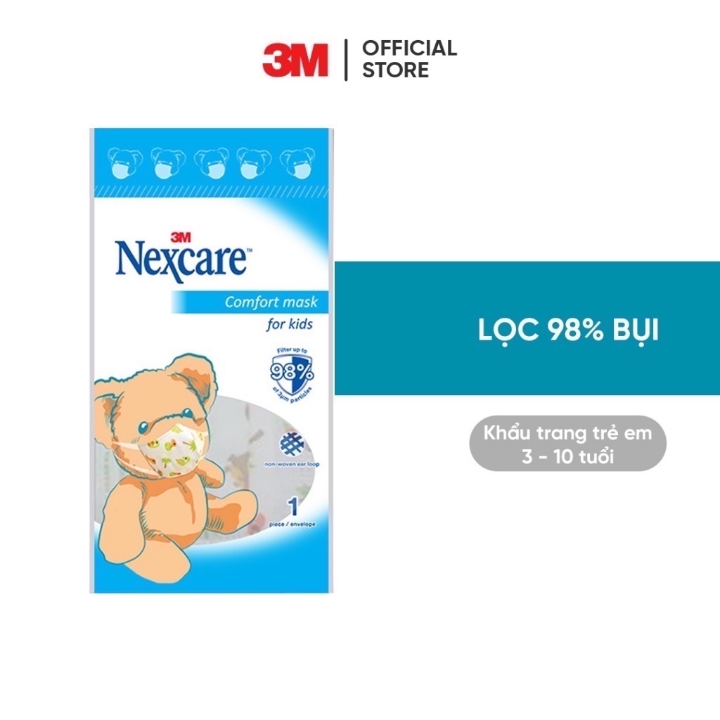 Khẩu trang trẻ em 3M™ Nexcare™, vải không dệt mềm mại, 3-10 tuổi, màu trắng, Chống bụi và kháng khuẩn, lọc 98% bụi mịn