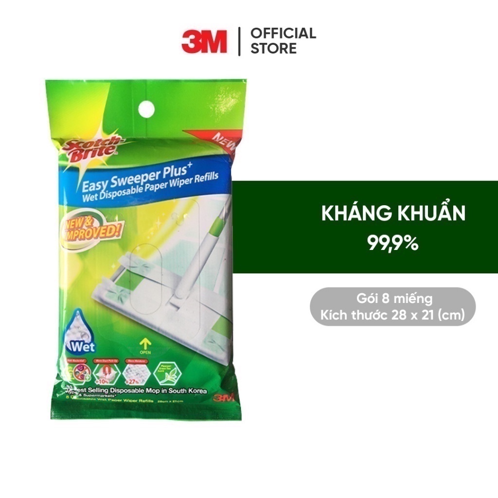 Khăn ướt thay thế (dùng cho Cây lau siêu tốc) 3M™ Scotch-Brite®, hương trà xanh, gói 8 miếng, 28x21cm