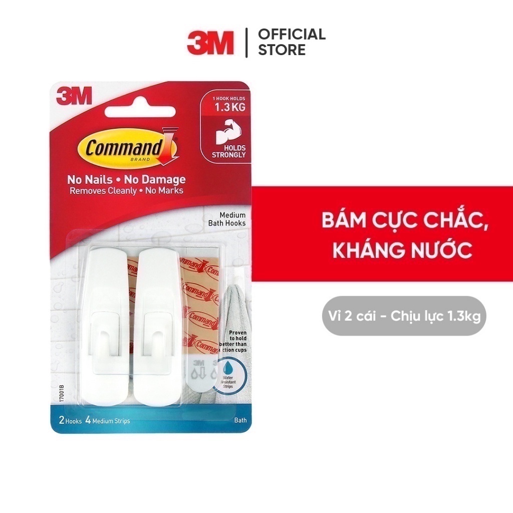 Móc dán tường chống thấm nước 3M™ Command™, 17001B, bám cực chắc, chịu lực 1.3kg, vỉ 2 cái, Dùng sắp xếp nhà tắm