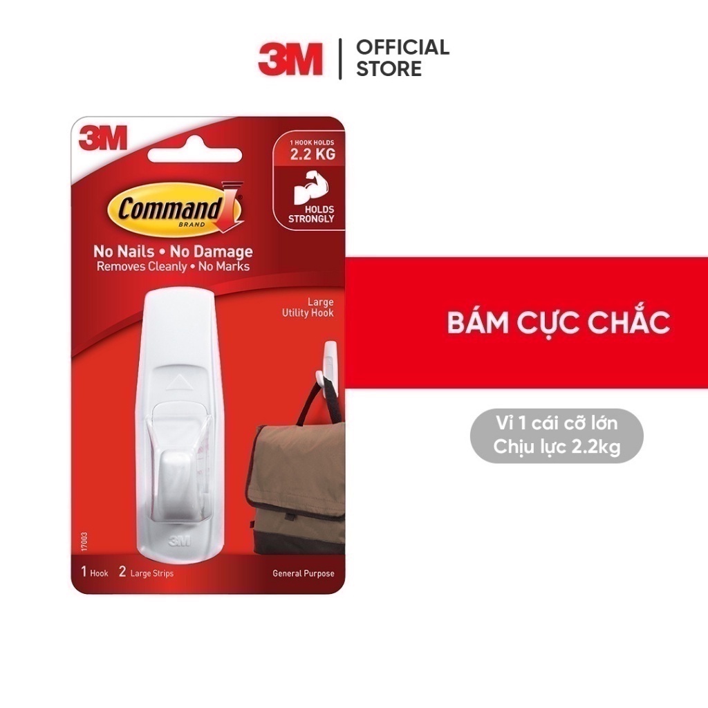 Móc dán tường chịu lực 2.2kg 3M™ Command™, 17003, độ bền cao, bám cực chắc, chịu lực 2.2kg, vỉ 1 cái