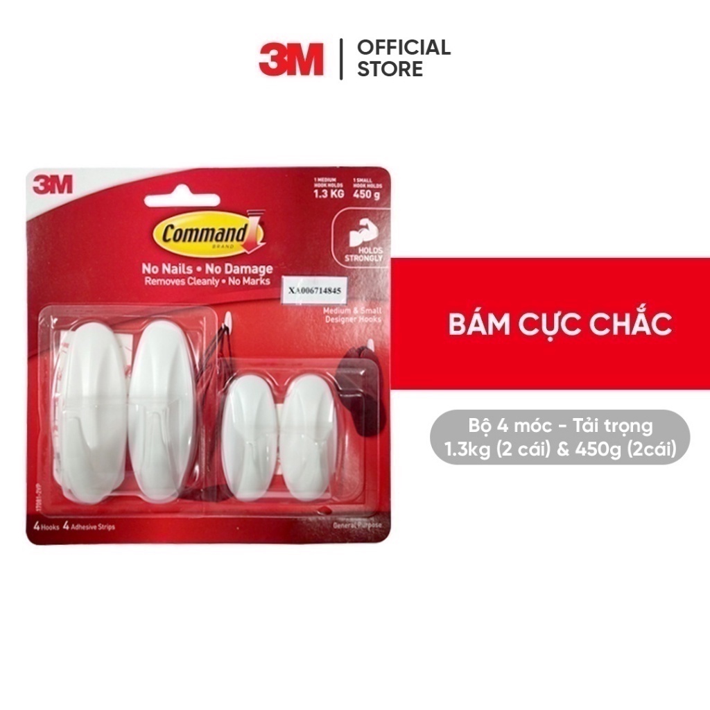 Bộ 4 Móc dán tường 3M™ Command™, 17081, độ bền cao, bám cực chắc, chịu lực tối đa 1.3kg, Dùng sắp xếp nhà cửa