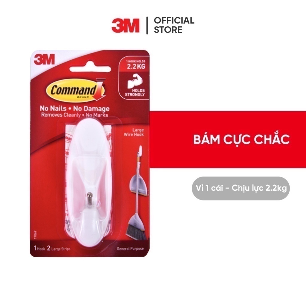 Móc dán tường đầu kim loại chịu lực 2.2kg 3M™ Command™, 17069, đầu kim loại, bám cực chắc, tải trọng 1.3kg, vỉ 1 cái