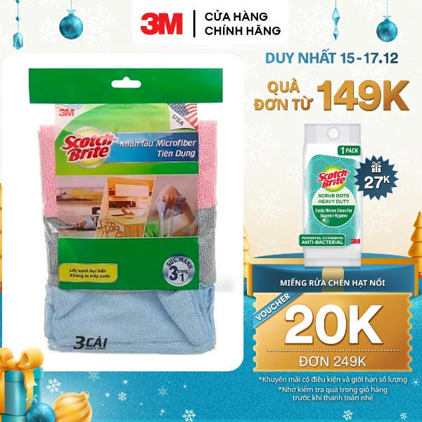 Combo 3 Khăn lau đa năng 3M™ Scotch-Brite®, không để lại bụi, 30x30cm, Giúp lau chùi nhanh và sạch trên nhiều bề mặt