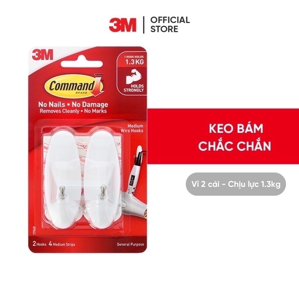 Móc dán tường đầu kim loại 3M™ Command™, 17068, tải trọng 1.3kg, bám cực chắc, vỉ 2 cái, Dùng sắp xếp nhà cửa