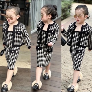 Set len kẻ karo váy 2 dây body + áo khoác cho bé