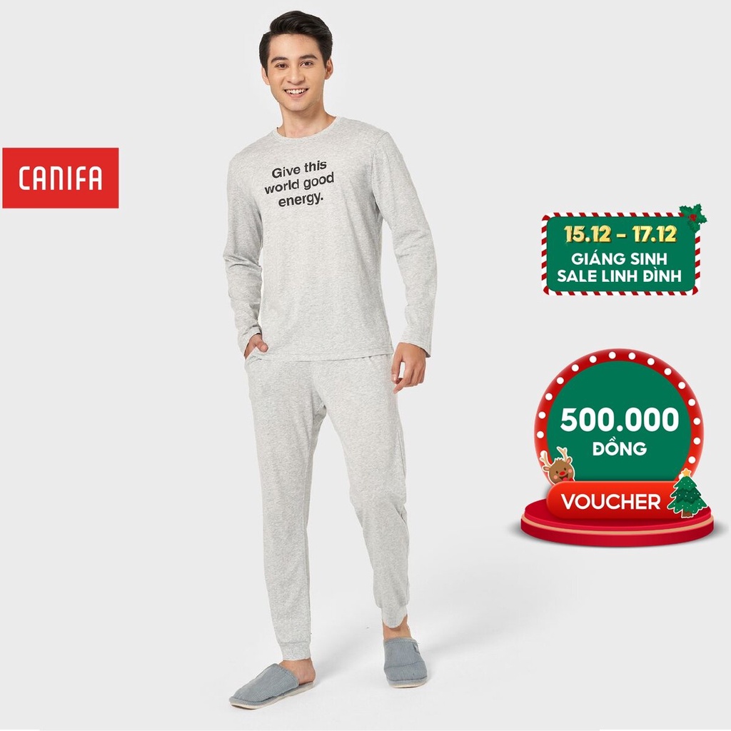 Bộ mặc nhà nam CANIFA chất liệu polyester pha có hình in ở ngực, áo cố tròn tay dài, quần cạp chun túi chéo 8LS22W003