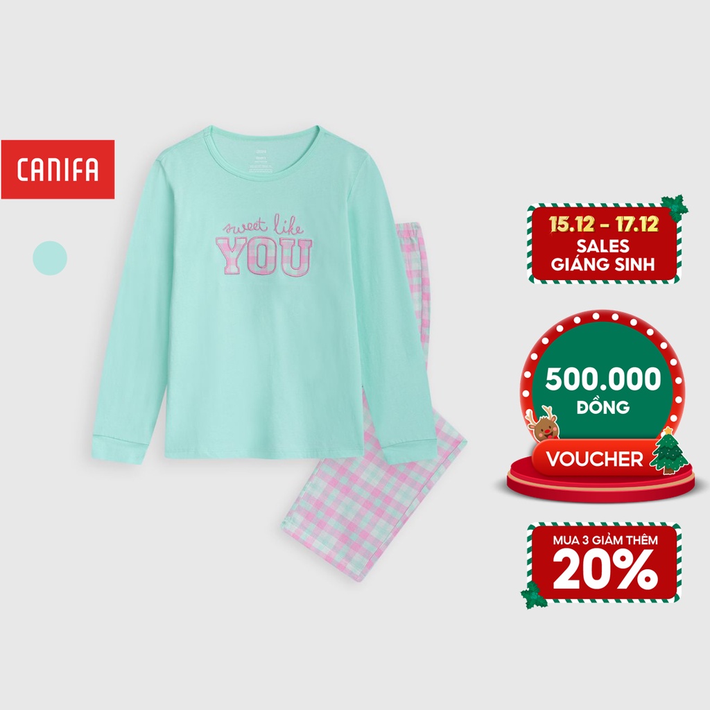 Bộ mặc nhà bé gái CANIFA chất liệu cotton áo thun dài tay quần dài 1LS22W017