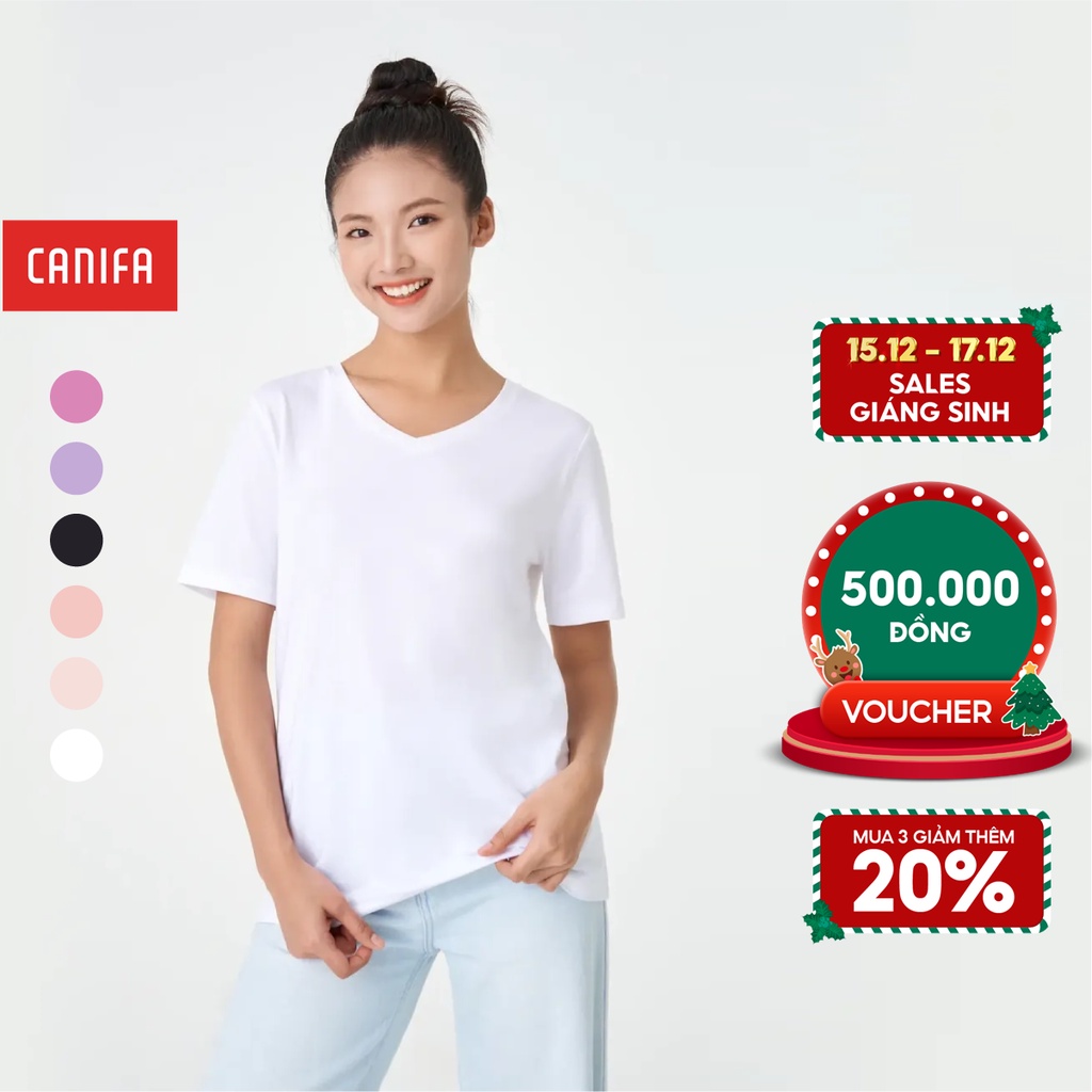Áo phông nữ CANIFA áo thun chất liệu cotton cổ tim cộc tay 6TS23A008